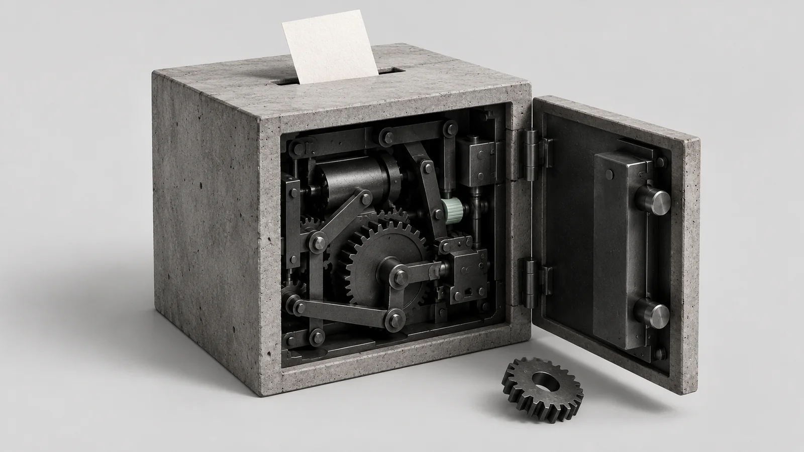 A concrete ballot box opens to reveal a mechanical locking mechanism and a loose cog.